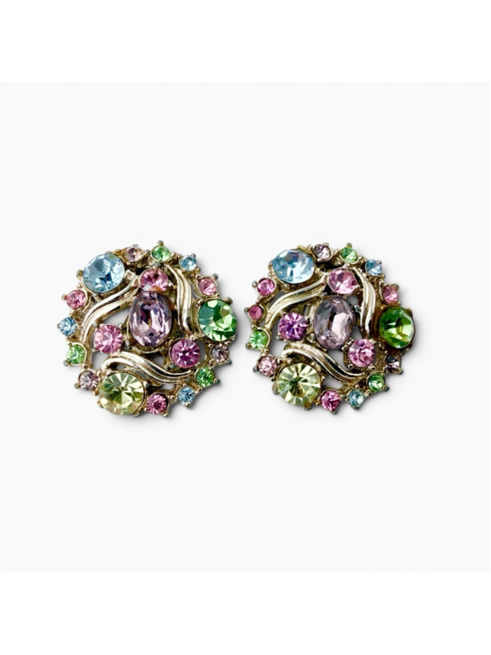 Vintage Lisner Rhinestone Clip Earrings, Pastel Multicolor Gold Tone, 1950s